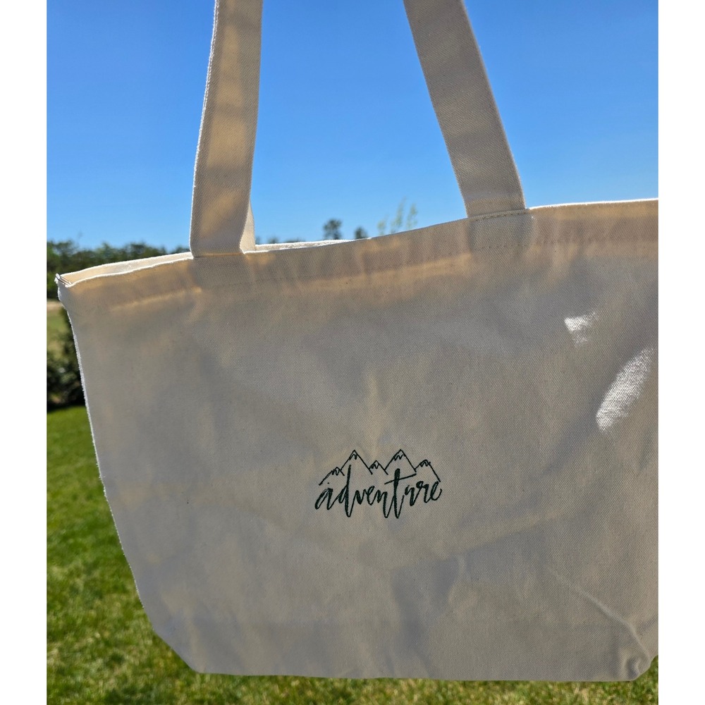 Adventure Mountain‎ Embroidered Canvas Tote Bag Cream Zipper Closure Outdoors